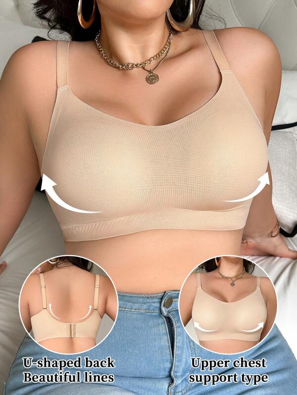 Plus Size Wireless Padded Bra With Wide Strap, Comfortable & Seamless Backless Lingerie