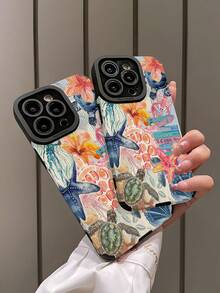 1pc Pastel Blue & Pink Marine Life Patterned Vertical Stripes Faux Leather Anti-Drop Soft Phone Case Compatible With Apple And 16/16 Plus/16 Pro/16 Pro Max Waterproof Shockproof Scratch Resistant - Multicolor - View 4