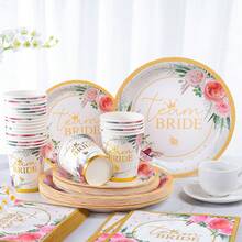 Floral Bride Disposable Plate & Napkin, 7/9 Inch Floral Bride Party Decorations Bridal Shower Plates, Napkins, Cups, Guest Tea Party Themed Decorations, Floral Party Paper Plates & Napkins, Golden Bride Shower Decorations Suitable For Bridal Shower, Bachelorette Party - Multicolor - View 3