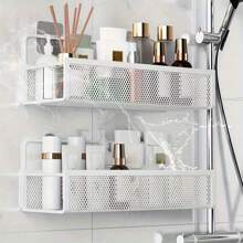 Stainless Steel Wall-Mounted Organizer Basket For Bathroom, Kitchen, And Shower - Self-Adhesive, Space-Saving Design With Multiple Shelves For Toothbrushes, Cosmetics, And More, Bathroom Storage Modern Bathroom Accessory Durable Construction, Bathroom Organizer Rack Bathroom Accessories Back To School