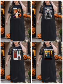 Robe longue personnalisée pour femmes pour Halloween, conception sur mesure avec votre texte personnel/nom/bénédictions d'Halloween, téléchargez vos drôles d'images/animaux de compagnie/photos d'amis sur l'avant, robe ample et confortable grande taille pour femmes, noire, vêtements d'automne, cadeau de fête, robe d'intérieur