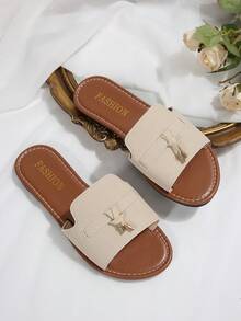 Beige Peep-Toe Flat Slippers With Metal Tassel Buckle Decor, Matte Finish, Open Toe, Casual Beach Sandals, Elegant Summer New Women Flat Sandals - Beige - View 6