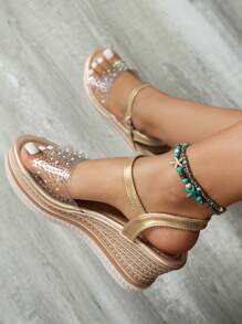 Women's Outdoor Transparent Rhinestone Rivet Fashionable Outdoor Hook Banquet Home Increased Platform Wedge Sandals