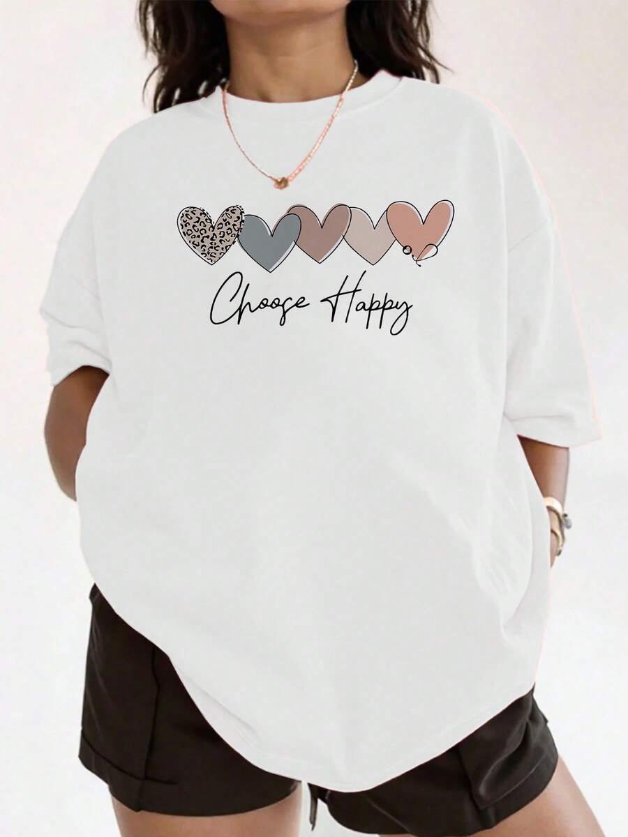 Playera informal de verano para mujer con estampado de amor colorido, cuello redondo, mangas cortas, 100 % algodón, 220 g de algodón grueso - Blanco - Ver 1