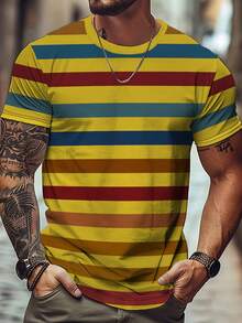 2025 Vintage Striped Digital Print Pattern Men's Round Neck Mesh Fabric Short Sleeve T-Shirt, Street Style - Yellow - View 2
