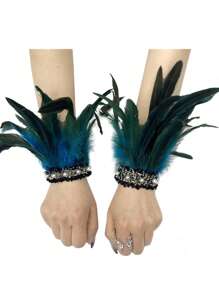 1 Pair Feather & Pearl Cuff Fingerless Gloves, European Style Bracelet Sleeves Costume Accessories Suitable For Halloween, Carnival Events