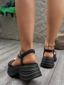 Giày sandal đế xuồng cho nữ, đế dày nâng cao, giày sandal xỏ ngón cổ điển đa năng có đính đá, ngọc trai, thích hợp đi biển, nghỉ dưỡng - màu đen - Xem 6