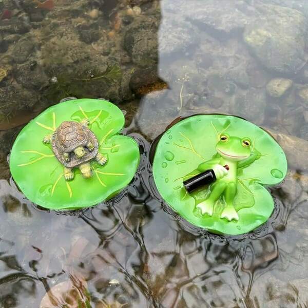 Quirky Turtle And Frog Resin Sculptures For Lotus Leaves - Green Outdoor Decoration, Suitable For Gardens, Swimming Pools, Ponds, Flower Pots - Suitable For Easter, Halloween, Christmas, New Year Celebrations, Garden Decoration