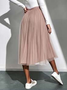 Falda midi dama mujer tejido mesh gllitter suave decorativo pretina elástica bajo recto semi plisado cómodo girly chic día noche fiesta concierto vacaciones calor primavera verano calle concierto cumpleaños - Café integral - Ver 3