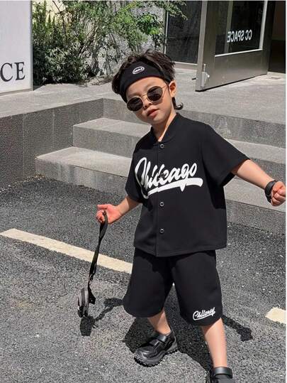 2pcs Toddler Boys Outdoor Casual Cleveland Letter Print Round Neck Short Sleeve Cardigan & Matching Printed Shorts Set, Summer Wear