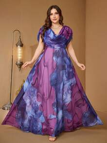 SUPGIR 大码V领水彩印花雪纺优雅长裙，适合派对、正式晚宴、婚礼等场合，春季穿着。 - 紫色 - 查看 4