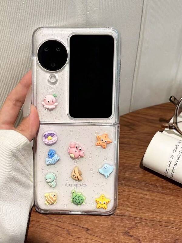 Ins Korean Style Ocean Starfish Crab Theme Protective Phone Case Compatible With Galaxy Z Flip 6/5/4/3, Pocket 2, OPPO Find N3/N2 Flip, Handchain, Girl Phone Accessories