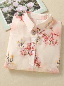 Women's Short Sleeve Button-Front Shirt With All-Over Leaf Print Lapel Casual Top For Dating, Travel, Birthday Parties, Spring, Summer & Fall Holiday Evening Outfits