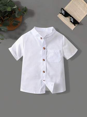 男童经典纯色中式领短袖衬衫，绅士风度，适合外出、正式场合、大学派对和表演活动