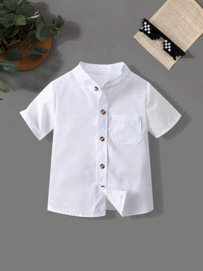 男童经典纯色中式领短袖衬衫，绅士风度，适合外出、正式场合、大学派对和表演活动