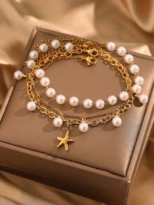 3 件套优雅独特的不锈钢双层珍珠和海星串饰手链，适合女性日常佩戴 - 手鍊套裝 - 查看 7