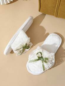 Ladies' Fur Slide Slippers With Bow Decor, Quiet Soft Indoor House Slippers, Lightweight & Comfortable Home/Maternity Wear - White Green - View 3