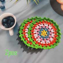 2/7 Peças Porta-copos de Crochê Feitos à Mão Boêmios, Rendas Redondas Multicoloridas, Jogos Americanos Vazados Resistentes ao Calor, Descansos de Copo e Garrafa de Crochê para Festas, Casamentos, Reuniões de Mesa, Melhor Presente