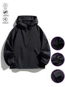 男士长袖休闲连帽夹克，宽松百搭风衣，春秋季拉链设计实用夹克，适合日常穿着、聚会、徒步旅行、远足及各种场合。 - 黑色 - 查看 2
