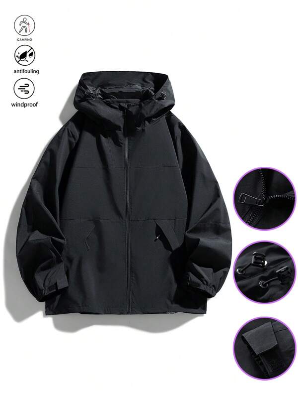 Black Wind-Proof Workwear Jacket Men, Hooded Outerwear, Dirt-Resistant & Durable, Loose Fit, Versatile For Outdoor Camping, Autumn/Winter