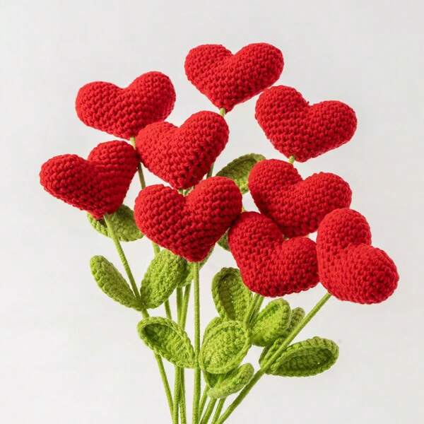 2pcs/6pcs/10pcs Hand Crocheted Heart Floral Bouquet - Handmade Yarn Heart Flowers With Green Stems, Ideal For Valentine's Day, Mother's Day, Graduation, Thanksgiving, Birthday Gifts And Special Occasions - Home Decor