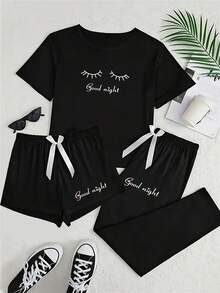 3 件套黑色字母印花女士睡衣套装，睡衣家居服 - 黑色 - 查看 2