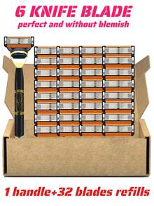 男士手动剃须刀套装，1 个手柄 + 32 个剃须刀片替换装，6 层剃须刀片，兼容 FUSION，可清洗和可重复使用的手动剃须刀工具