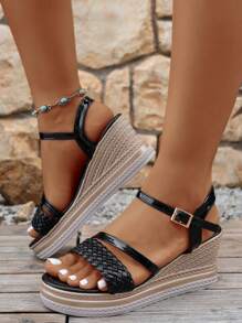 Women's Platform Wedge Woven Slip-On Buckle Outdoor Banquet Casual Slip On Comfortable Adjustable Fashionable Sandals