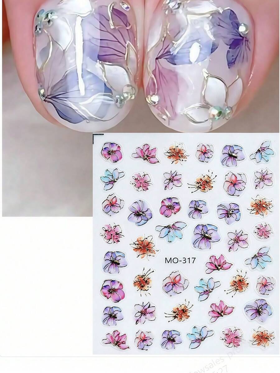 1 件烫金绣球花指甲贴纸金箔水彩花朵优雅花朵贴花粘性滑块装饰美甲配件 - 彩色 - 查看 1