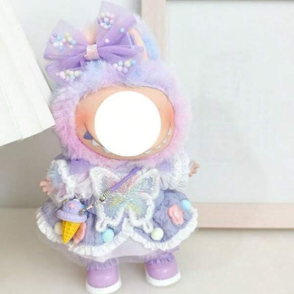 1 Set de ropa de 15-17cm para Labubu muñeca - Conjunto de ropa con lazo morado de la suerte para Labubu muñecas , Labobo generación 1-3 (solo ropa)