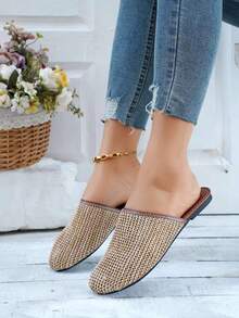 Atmungsaktive Flip-Flops für Damen aus gewebtem Material, flache Sohle, Netzstoff, einfarbig, rutschfest, bequem für drinnen und draußen