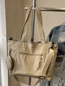 Large Capacity Unisex Tote Bag With Coin Purse 1pc New Korean Style College Style Middle School Student Schoolbag Casual Bag Crossbody Shoulder Bag Canvas Bag Slant Cross Bag, Women Bag With Dime Bag, School Bag For Shopping, Holiday, Fashionable Tote Bag With Zipper, Large School Tote Bag, Multiple Compartments, Perfect For Beach, School, Work & Daily Use - Light Khaki - View 9