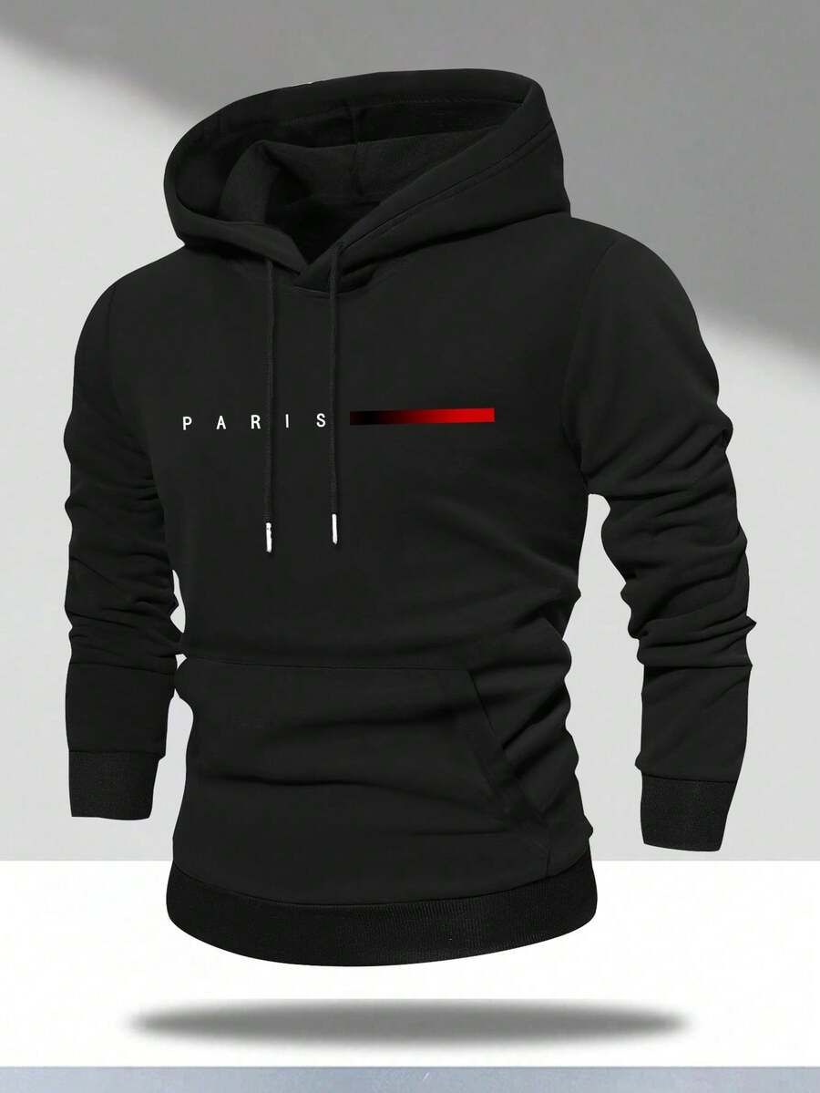 Men's Casual Letter Print Long Sleeve Sweatshirt With Pocket, Regular Fit Pullover, Suitable For Husband/Boyfriend Gift, Spring Autumn, Streetwear, Commuting, Golf, Fishing, Basketball, Camping, Gym - Black - View 1