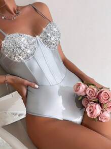 Women's Sequin Halter Backless Bodysuit