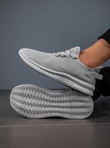 Men's Lightweight Breathable Mesh Sport Shoes, Gray Color, Thin Sole Slip-On Casual Outdoor Vacation Style Sneakers
