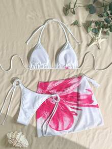 Bộ bikini 3 món dành cho nữ, họa tiết hoa nhiệt đới chuyển màu, áo bikini có dây điều chỉnh, quần bikini tam giác buộc dây bên hông, váy che phủ chống xuyên thấu, thích hợp cho bãi biển và tiệc tùng, đồ bơi và trang phục nghỉ mát mùa hè màu trắng dành cho nữ - trắng - Xem 2