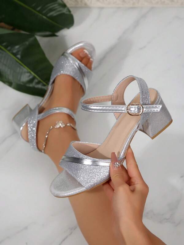 1 Pair Girls/Teens' Solid Color Glitter Strap Buckle Round Toe 5cm Chunky Heel Sandals, Fashion Casual Cute Comfortable Luxury Heels Suitable For 15+ Years Old, Party, Campus, Holiday, Beach, Spring/Summer