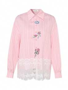 Vêtements d'automne pour femmes, chemise rose brodée pour femmes, associée à un Top brodé de dentelle, une chemise féminine à la mode et élégante, un incontournable pour les sorties décontractées. Top à manches longues pour femmes en automne-hiver, nouveaux vêtements pour femmes à la mode avec rayures brodées, costume d'Halloween - Rose bonbon - Voir 7