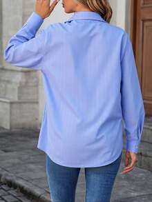 Camisa vestir dama mujer cuello camisero tejido de vestir a modo de líneas finas  cierre botones manga larga bolsa de parche bajo recto amplio calor primavera verano día noche elegante casual trabajo diario - Azul - Ver 2