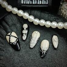10pcs Hand-Pressed Fake Nails Black-And-White Artificial Nails, Temperament Armor With Bow, Fashion Almond-Shaped Artificial Nail Pieces, Exquisite Wearing Nail Paste Fake Nails, Suitable For Halloween And Other Parties.Nail Set,Press Ons Nail,Nails>Press On Nails,Uñas Postiza,Handmade Nails,Almond Nails,Fake Nail,Almond Nails,Press On Nails Almond - 黑與白 - 查看 8