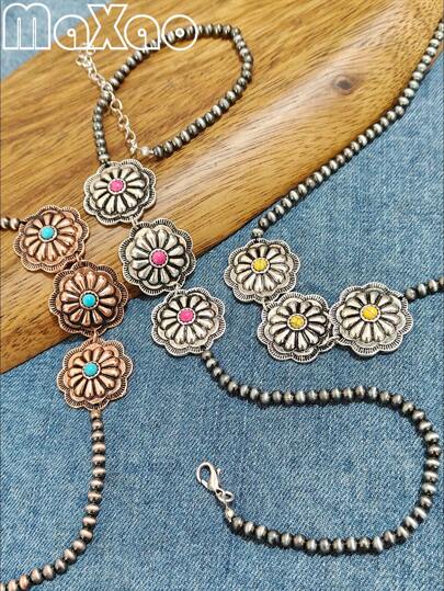 Women's Vintage Boho Pumpkin Flower Zinc Alloy Pendant Necklace With Pearls And Round Multi-Color Turquoise, Suitable For Casual Or Party Wear