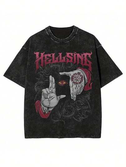 A black washed and stir-fried snowflake 230g cotton T-shirt，The red color of the front is a red motif that contains intricate decorative elements (such as patterns or flame-like shapes) and may be topped with text, giving the overall style bold and individual, leaning towards rock, punk or street fashion, adding a retro and personal atmosphere dark style Y2K style