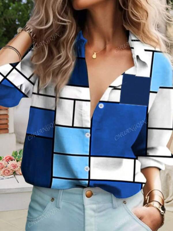 Women's Geometric Print Front Button Summer Casual Shirt