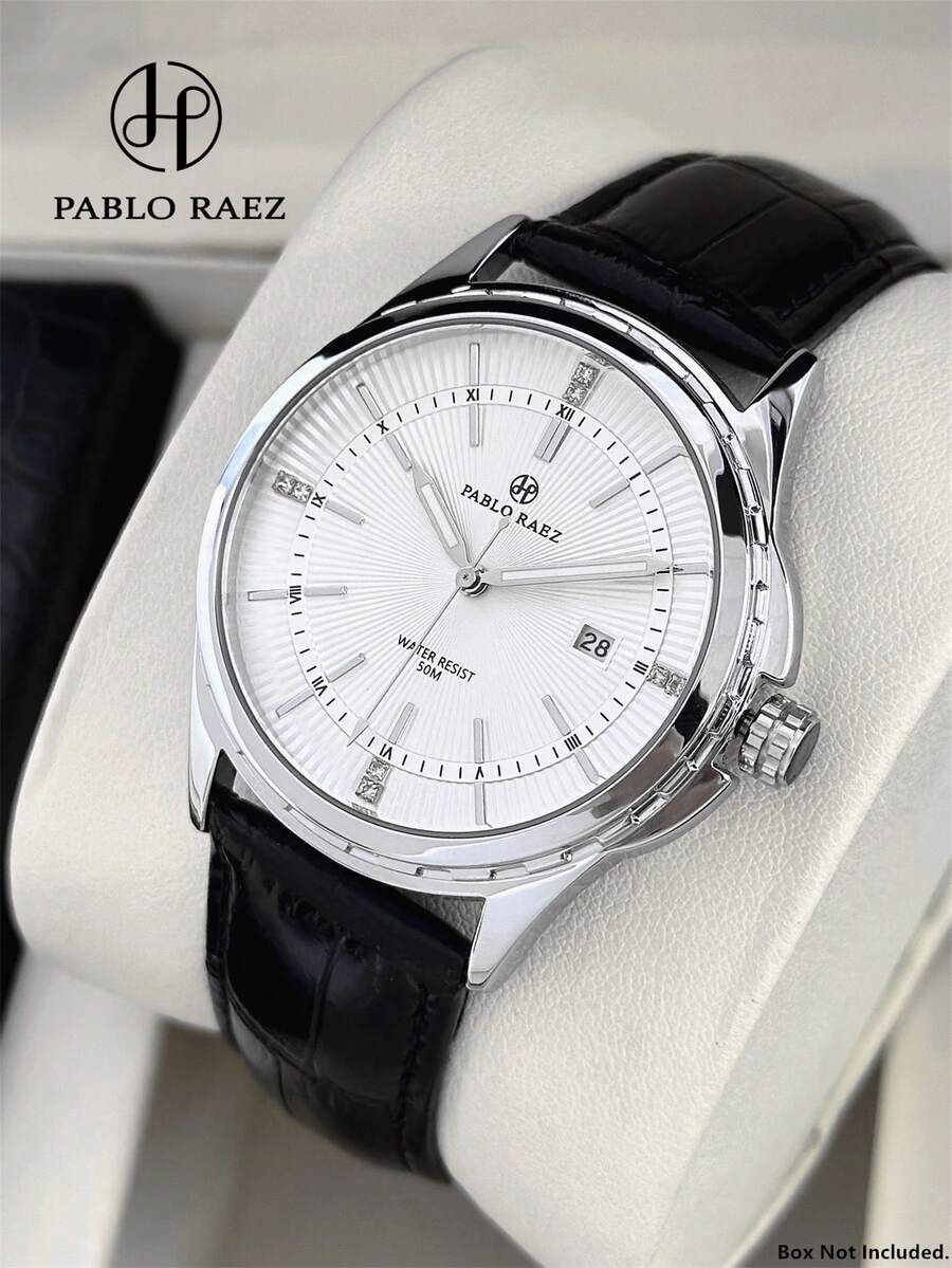 Pablo Raez 男士珠宝腕表，商务夏季配饰，不锈钢银色表壳，奢华黑色柔软舒适超细纤维表带，链条表带，大表盘，石英机芯，50米防水，适合日常生活/工作/派对，毕业/婚礼礼物