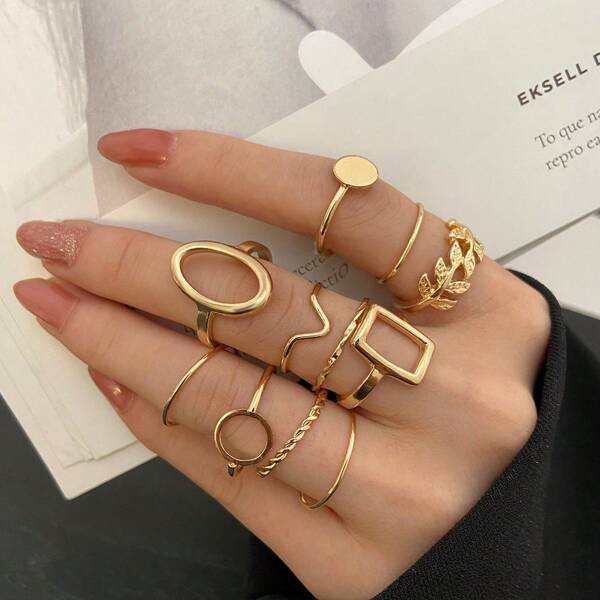 11 pièces/Set Bague de réunion à motif de feuille d'arbre géométrique, bijoux de style créatif et unique pour femmes élégantes