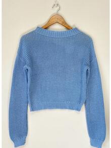 Women's Knitted Cropped Blouse, Fang Sweater. - Màu xanh nhạt - Xem 2