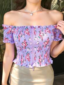 Estampado Integral Floral Brillo Bohemio Fruncido Volante fruncido ANUDADO Noche de fiesta  Estampado Integral  Floral  Brillo    Bohemio    Fruncido  Volante fruncido  ANUDADO    Noche de fiesta - Púrpura malva - Ver 1