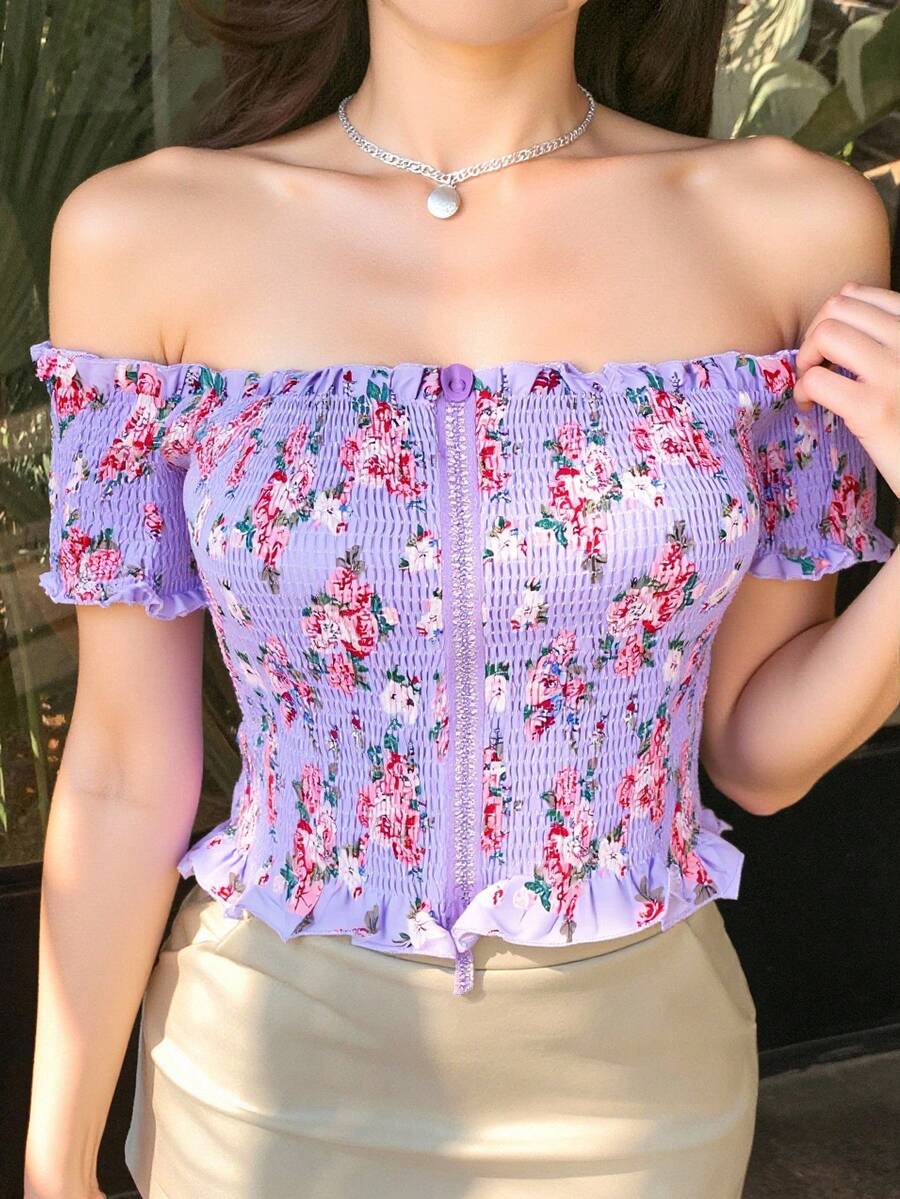 Estampado Integral Floral Brillo Bohemio Fruncido Volante fruncido ANUDADO Noche de fiesta  Estampado Integral  Floral  Brillo    Bohemio    Fruncido  Volante fruncido  ANUDADO    Noche de fiesta - Púrpura malva - Ver 1