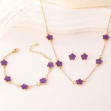 Bộ trang sức cỏ ba lá tím sang trọng thanh lịch 4 món/bộ, bao gồm vòng cổ, vòng tay, hoa tai, thích hợp để đeo hàng ngày hoặc làm quà tặng lãng mạn - Màu tím - Xem 4