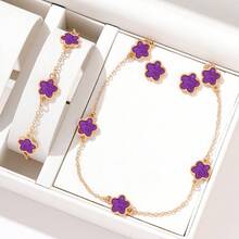 Bộ trang sức cỏ ba lá tím sang trọng thanh lịch 4 món/bộ, bao gồm vòng cổ, vòng tay, hoa tai, thích hợp để đeo hàng ngày hoặc làm quà tặng lãng mạn - Màu tím - Xem 1